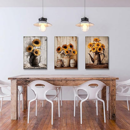 AOYUSMO 3 Piece Sunflower Wall Art Rustic Vintage Floral Canvas Wall Art Flower in Pitcher Pictures Wall Decor Farmhouse Art Prints for Kitchen Living Room Bedroom 12"x16" Framed
