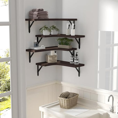 ROMGUAR CRAFT Corner Floating Shelves Wall Mounted Set of 4, Rustic Wood Storage Display Shelves for Home Decor, Bathroom, Kitchen, Bedroom, Living Room, Office (Brown)
