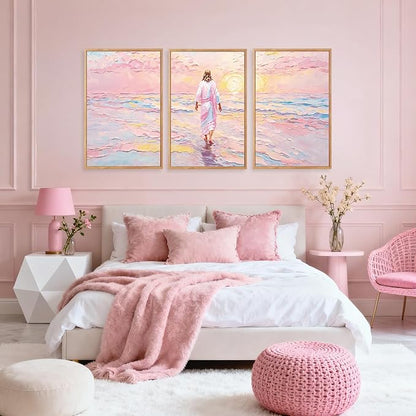 CHDITB Jesus Walking on Water Framed Canvas Wall Art(24"x36"), 3 Panels Colorful Abstract Christian Bible Story Faith LDS Artwork Prints, Large Religious Watercolor Boho Sunset Landscape Christ Gift Decor for Home Office Bedroom