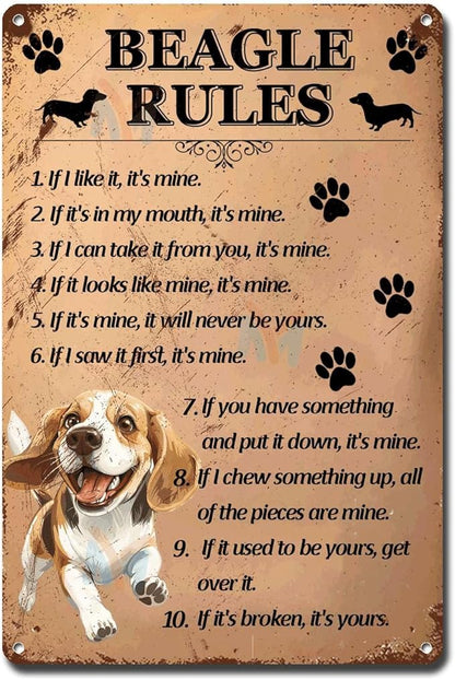 Metal Sign Tin Sign Vintage Wall Art Beagle Rules Gardening Decor Gift for Restaurant 6×8 Inches