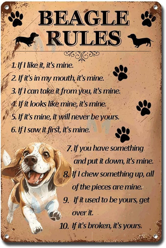 Metal Sign Tin Sign Vintage Wall Art Beagle Rules Tin Sig for Bar 12×16 Inches