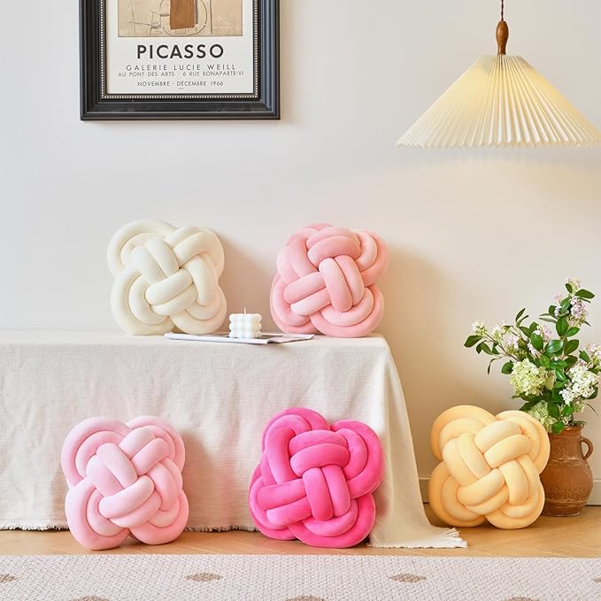 Xuyier Knot Pillow Ball, Decorative Throw Pillows with Velvet Fabric for Couch Bed, 12" Decor Knotted Square Floor Pillow Cushions for Living Room (12 Inches, Blush Pink)
