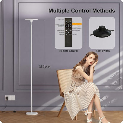Dimmable Floor Lamp with Remote，Floor Lamps for Living Room Bedroom Office，Adjustable Brightness (10%-100%)and Color Temperature (3000k- 6000k )，Standing Lamp Tall Lamp with Foot Switch (white)