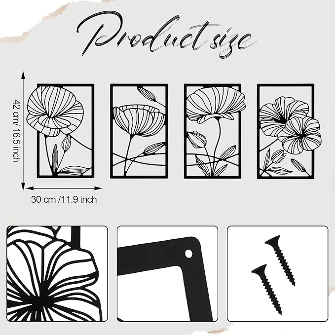4 Pcs Metal Wall Art 16.5 x 11.8'' Line Art Wall Decor Floral Minimalist Decor Hanging Flower Aesthetic Modern for Living Room Bedroom Bathroom Kitchen Decoration(Black)