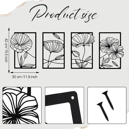 4 Pcs Metal Wall Art 16.5 x 11.8'' Line Art Wall Decor Floral Minimalist Decor Hanging Flower Aesthetic Modern for Living Room Bedroom Bathroom Kitchen Decoration(Black)