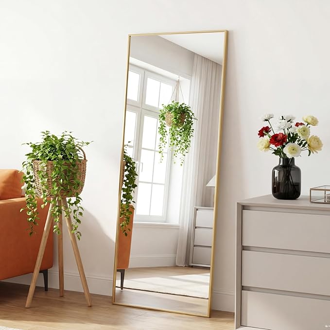 Sweetcrispy 65"x24" Full Length Mirror, Full Body Mirror with Aluminum Alloy Thin Frame, Leaning or Standing, Suitable for Bedroom, Livingroom, Cloakroom, Gold