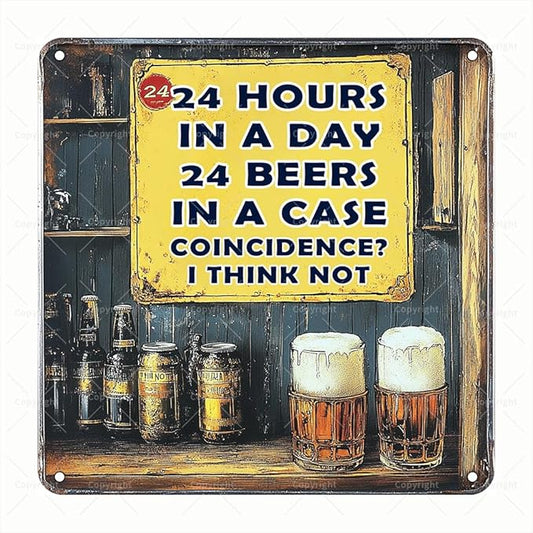 Square Tin Sign Vintage - "24 Hours in a Day, 24 Beers in a Case - Coincidence?" Funny Bar Sign - Square Metal Wall Art for Beer Lovers - Humorous Decor for Home/Bar/Man Cave
