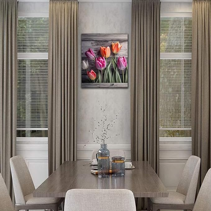 Wall HDQ Tulip Canvas Wall Art, Flower Gray Wall Decor for Bedroom Living Room Bathroom Decorations Orange Purple Floral Picture Colorful Modern Artwork Print Painting Wooden Frame - 24 x 36 Inch