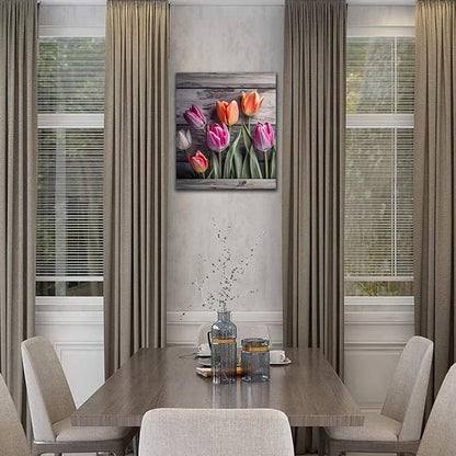 Wall HDQ Tulip Canvas Wall Art, Flower Gray Wall Decor for Bedroom Living Room Bathroom Decorations Orange Purple Floral Picture Colorful Modern Artwork Print Painting Wooden Frame - 24 x 36 Inch