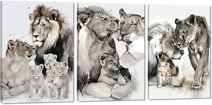 Lion Canvas Wall Art Decor 3 Pieces Wild Animal Portrait Painting Prints on Canvas Watercolor Style Lion Pictures Decor Artwork Living Room Bedroom Office Decor, Framed 20" x 28" x 3pcs