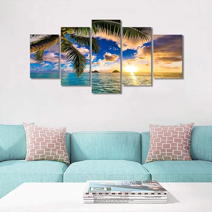 EPHANY Modern 5 Piece Framed Giclee Canvas Prints Art - Blue Beach Landscape Blue Paintings on Canvas Wall Art Wall Art Canvas Print Frame Picture Painting for Room Home Decorations