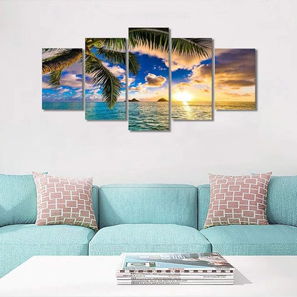 EPHANY Modern 5 Piece Framed Giclee Canvas Prints Art - Blue Beach Landscape Blue Paintings on Canvas Wall Art Wall Art Canvas Print Frame Picture Painting for Room Home Decorations