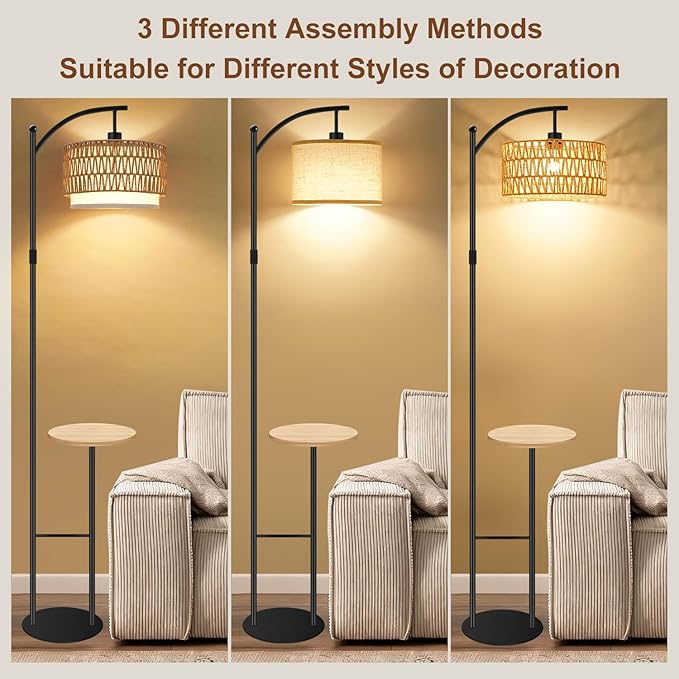 Vinaco Rattan Boho Floor Lamp with Table, Dimmable Floor Lamp with Remote Control Foot Switch, Wicker Tall Lamps 3 Color Temperatures, Adjustable Height Standing Lamps for Living Room Bedroom Office