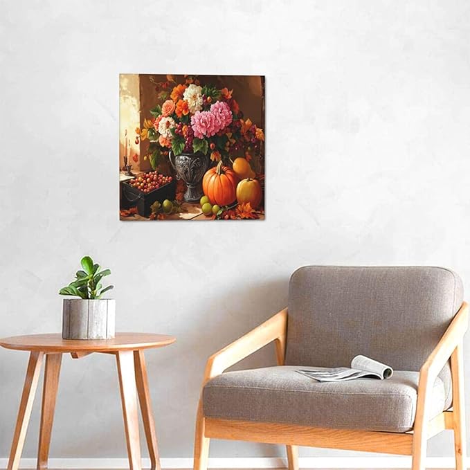LB Vintage Kitchen Wall Art Pink and White Flower and Orange Pumpkin Floral Canvas Wall Art Modern Aesthetic Wall Decor for Living Room Restaurant Home Decoration Framed Ready to Hang 12L x 12W