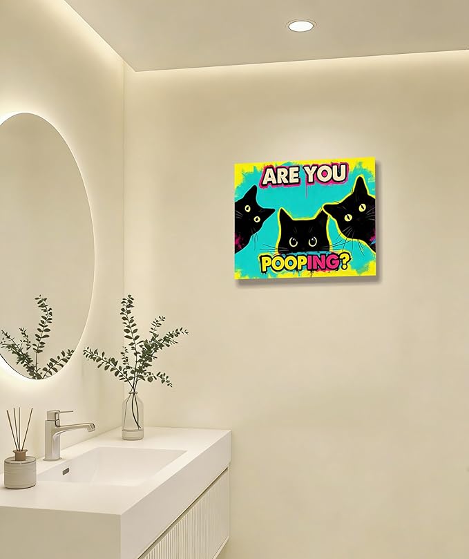 Funny Black Cat Bathroom Canvas Wall Art - Are You Pooping? Colorful Humor Poster for Washroom, 12x16 Inch Framed Graffiti Print for Toilet Restroom, Pop Art Wall Decor, Gifts for Cat Lovers