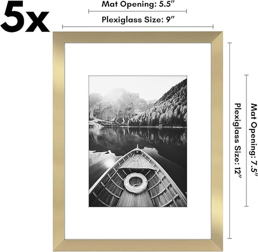 Americanflat 9x12 Picture Frame with Polished Plexiglass - Set of 5 - Use as 6x8 Frame with Mat or Display 9x12 Photo Without Mat - Galleria Collection - Picture Frames for Wall Display - Gold