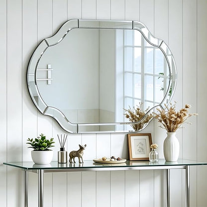 Large Mirror for Wall Decor, 40"x28" Decorative Living Room Mirrors with Scalloped Corner, Beveled Bathroom Mmirror for Entryway, Dining Room, Mantel, Hang Horizontally or Vertically