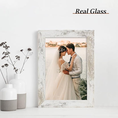 iRahmen 6x9 Picture Frame Set of 2, Distressed White Frame with HD Glass, Wood Rustic Photo Frames for Horizontal or Vertical Tabletop and Wall Mounting