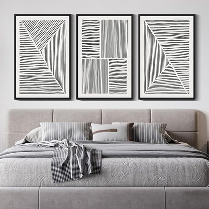 Drsoum Mid-Century Modern Framed Wall Art Large 24x36in Minimalist Abstract Boho Black Line Wall Decor Geometric Artwork Kitchen Dining Room Black Framed