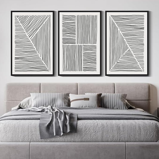 Drsoum Mid-Century Modern Framed Wall Art Large 24x36in Minimalist Abstract Boho Black Line Wall Decor Geometric Artwork Kitchen Dining Room Black Framed