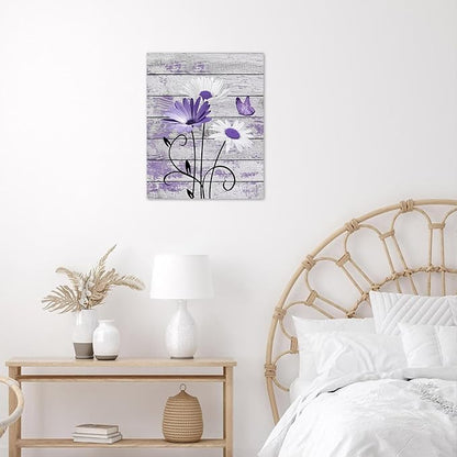 HVEST Farmhouse Purple Floral Wall Art for Living Room, Daisy and Butterfly on Rustic Wood Canvas Wall Art Nature Plant Flower Pictures for Bathroom Bedroom Apartment Wall Decor,10L X 8W inches