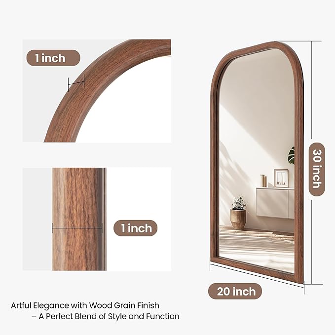 20"x30" Arch Wall Mirror Bathroom Mirror for Wall Mounted, Tempered Glass, Wood Grain Finish Frame Wall Mirror Decorative for Living Room Bedroom Entryway, Walnut