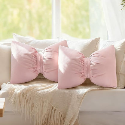Beeveer Pink 2 Pcs Bow Pillow 12 x 18 Inch Coquette Throw Pillows Large Bow Shaped Velvet Cushion Coquette Decorative for Girls Room Bed Sofa Couch Car Decorations
