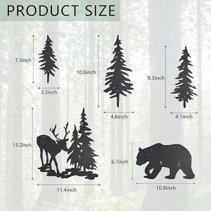 OYEFLY 5 Pieces Deer Bear Pine Tree Wall Decor,Rustic Wood Art Wall Decor (Black)