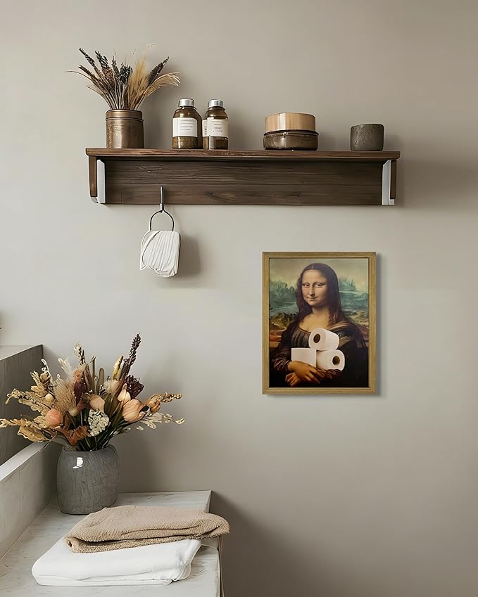 XYHYRA Vintage Mona Lisa Bathroom Wall Art, Funy Abstract Mona Lisa Paper Roll Wall Decor, Humor Amusing restroom Canvas Print Painting for Toilet Bathroom Home Decor 8x10 Inch Framed