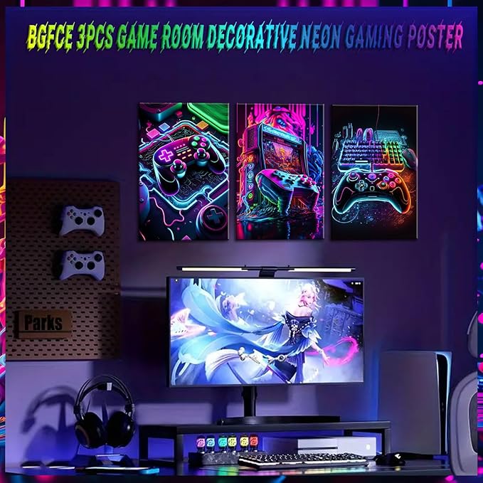 BGFCE Game Room Decor Posters Set of 3 - Neon Gaming Accessories Theme Canvas Wall Art, Gamer Console Paintings Picture Wall Decor for Children Youth Boys Bedroom 16x24 inch Unframed