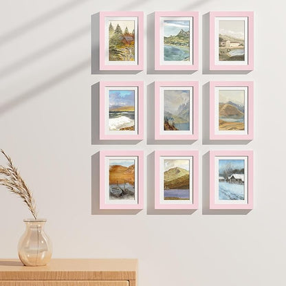 Vittanly 5x7 Picture Frames Set of 9, Display 4x6 Pictures with Mat or 5x7 without Mat, Photo Frames for Wall or Tabletop with Plexiglass, Engineered Wood, Pink