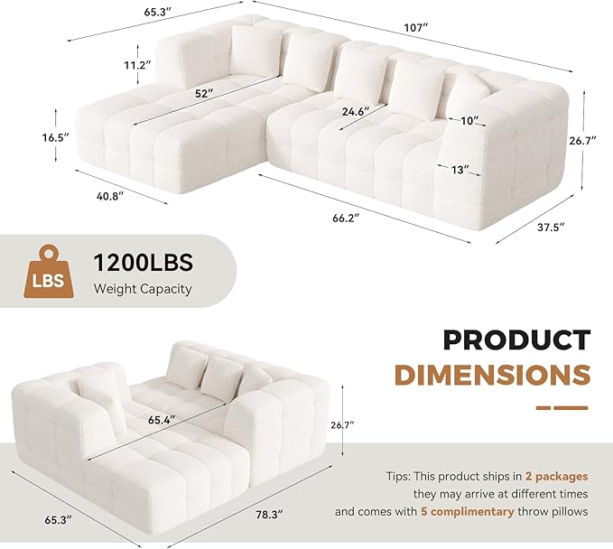 107" Chenille Boneless Couch with L - Shaped Chaise, Comfy Modular Sectional Sofa with Tufted Design, Modern Upholstered Sofa, No - Assembly Sectional Couch, Oatmeal | Modular Sectional, Tufted Design, Modern Upholstered, No-Assembly