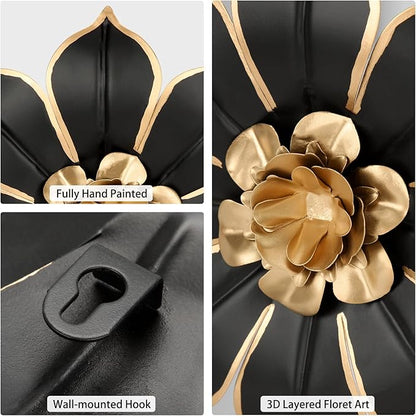 10" Metal Flowers Wall Decor, Black & Gold 3D Floral Metal Wall Art Decor for Inoor & Outdoor Use, Vintage & Modern Walls Arts for Bathroom, Living Room, Bedroom, Office, Garden, Patio, Porch, 1 Piece