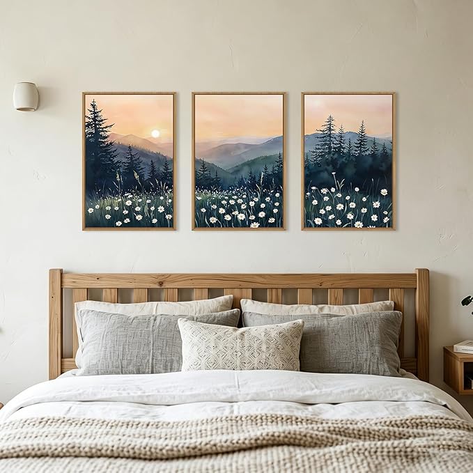 KAIRNE Mountain Floral Landscape Framed Canvas Wall Art Set,Watercolor Forest Wall Decor,Misty Pine Tree Art Prints,Nature Sunset Scenery Artwork for Living Room,Bedroom,Farmhouse,Office-16 x24 x3