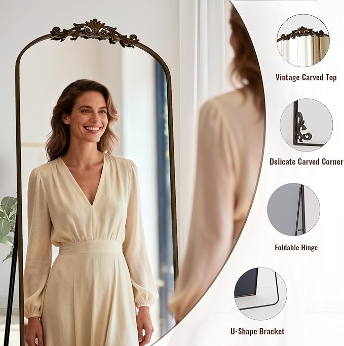 XRAMFY Arched Full Length Mirror, 71'' x 28'' Vintage Full Body Mirror with Carved for Home Decor, Standing Floor Mirror for Wall for Living Room, Bedroom, Cloakroom, Bronze, Retro Style