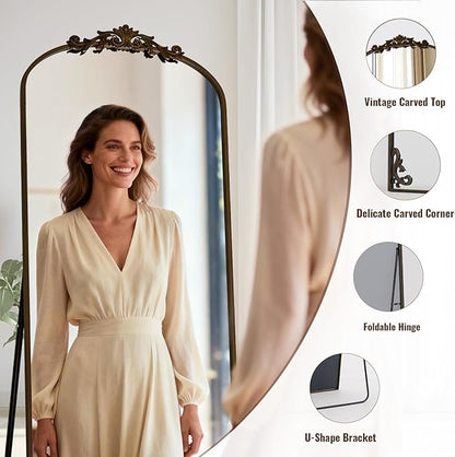 XRAMFY Arched Full Length Mirror, 71'' x 28'' Vintage Full Body Mirror with Carved for Home Decor, Standing Floor Mirror for Wall for Living Room, Bedroom, Cloakroom, Bronze, Retro Style