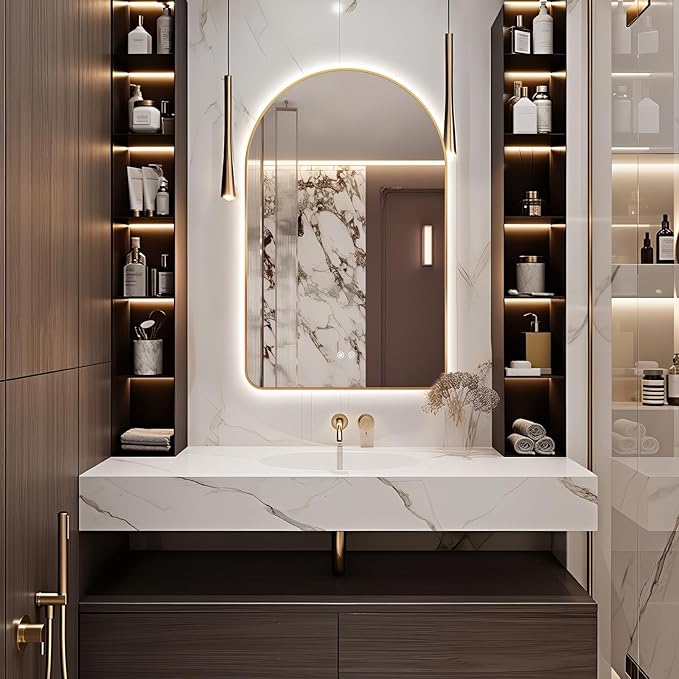 Niccy Arched LED Lighted Bathroom Mirror, 32x20 Inch Backlit Vanity Mirror with Lights Brushed Gold Framed Wall Mounted Mirrors with Dimmable 3 Color Shatterproof Arch Smart Fog Free Mirror