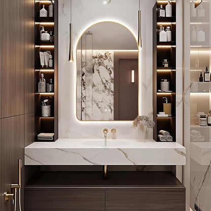 Niccy Arched LED Lighted Bathroom Mirror, 32x20 Inch Backlit Vanity Mirror with Lights Brushed Gold Framed Wall Mounted Mirrors with Dimmable 3 Color Shatterproof Arch Smart Fog Free Mirror