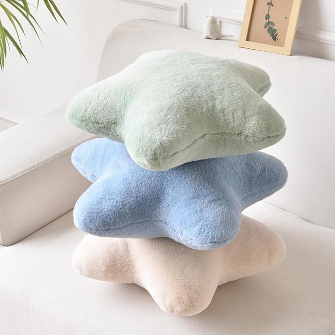 Star Pillow, Decorative Throw Pillows for Bed Couch, 15" Star Shaped Pillow Plush Floor Cushions Room Decor Pillow with Faux Rabbit Fur for Sofa Bedroom Living Room (Sage Green, 15" x 15")