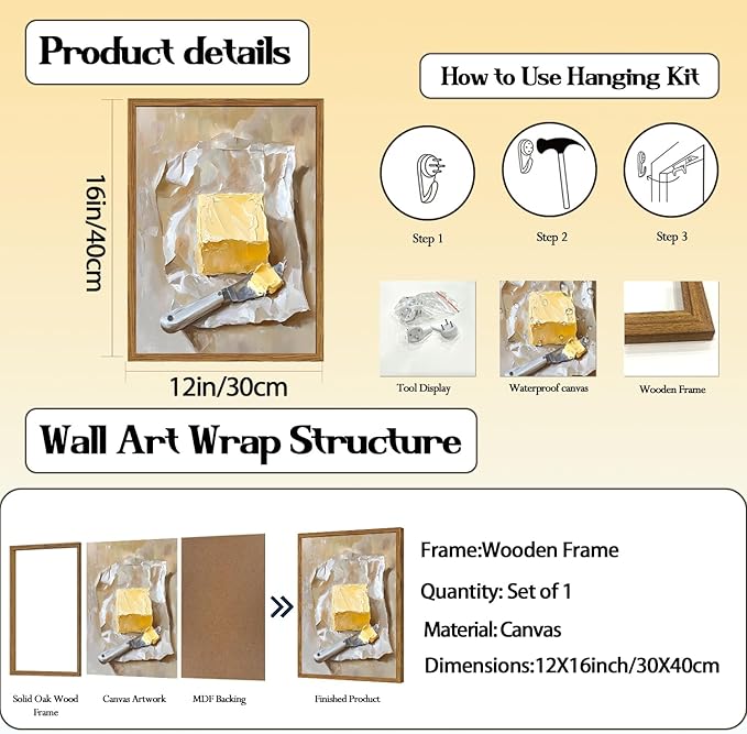 Framed Kitchen Wall Art, Vintage Butter Wall Decor Pictures, Rustic Farmhouse Food Paintings Canvas Prints for Dining Room Living Room Home Decoration 12x16 inch