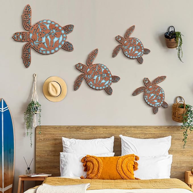 Tatuo 4 Pcs Wooden Sea Turtle Wall Decor Summer Ocean Turtle Wall Art Beach Theme Vintage Coastal Hanging Decoration for Home Lake House Bathroom
