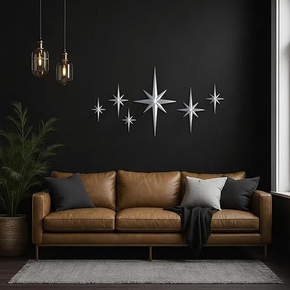 BreezeHug 6 Pcs Mid Century Modern Home Decor Star Art Wall Sculpture with Rhinestone Retro 3D Plastic Star Art Wall Sculpture Bling Diamonds Decor for Home Office Bedroom Entryway(Silver)