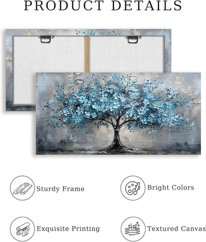 crmotu Tree of Life Large Wall Art for Living Room, Cherry Blossom Abstract Canvas Art Prints, Blue Flowers Tree Pictures Wall Decor, Nature Plant Modern Bedroom Bathroom Office Decor 29"X57"