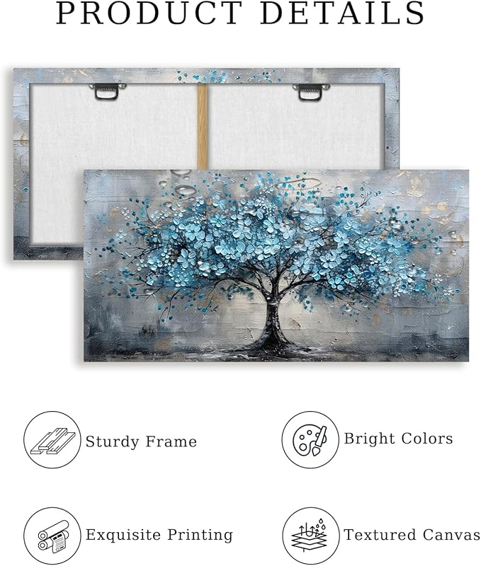 crmotu Tree of Life Large Wall Art, Cherry Blossom Canvas Oil Paintings, Abstract Blue Tree Art Prints, Teal Modern Home Wall Decor Living Room Bedroom Pictures, Neutral Office Decor Artwork 20"X40"