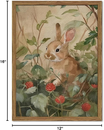 Framed Vintage Rabbit Wall Art, Cute Bunny Pictures Wall Decor, 3D Textured Sandstone Rustic Animal Botanical Paintings Prints Cottagecore Home Decor for Living Room Bedroom Nursery 12x16 inch