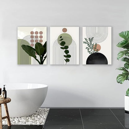 Sage Green Boho Wall Art, KBKBART Abstract Framed Canvas Wall Art Palm Leaf Sun Moon Line Beige Green Wall Decor, Minimalist Geometric Boho Room Decor, Sage Green Wall Posters & Prints for Living