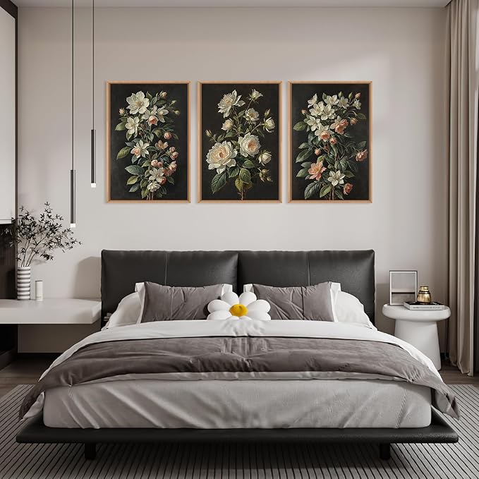 Large Dark Moody Flowers Framed Canvas Print Wall Art Set,Vintage Antique Black Botanical Wall Decor,Retro Modern Elegant Peony Floral Artwork for Living Room,Office,Bedroom-16 x24 x3