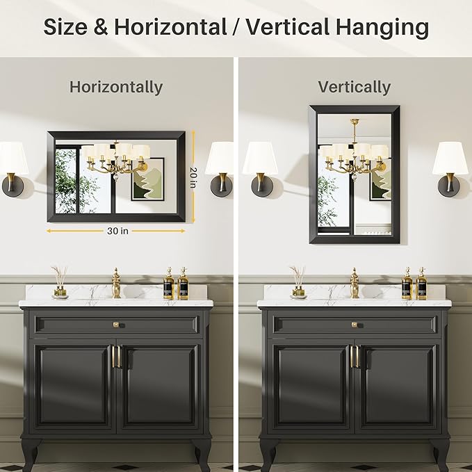Briivue 20x30 Inch Black Bathroom Mirror for Wall, Thick Metal Framed Rectangle Mirrors for Over Sink, Bedroom, Living Room, Entryway, Anti-Rust, HD Tempered Glass