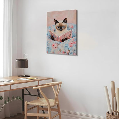 Framed Cat Reading Book Canvas Wall Art, Cute Pink Siamese Cat Wall Decor Print Painting, Funny Animal Lovers Picture for Bedroom Living Room Kids Room Girls Room Home Decor 12x16 Inch