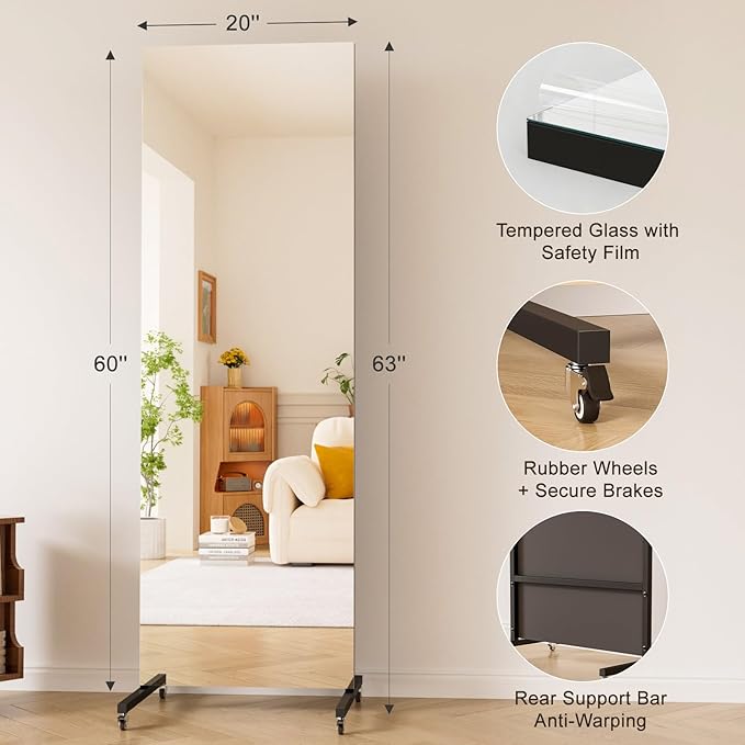 brisafe 60" x 20" Full Length Rolling Floor Mirror on Lockable Wheels, Rectangular Shatter-Resistant Safety Glass, for Home Dance Studio & Yoga, Black Metal Frame and Stand